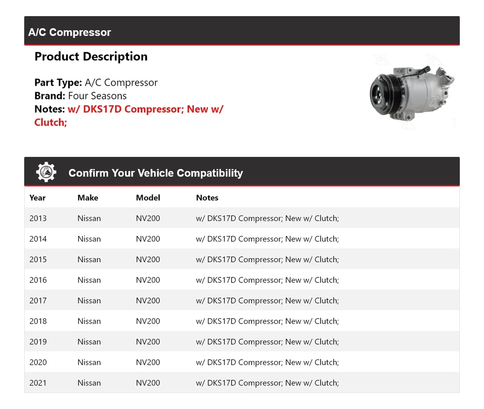 Compresor de aire acondicionado Nissan NV200 2013-2021 4 estaciones 2014 2015 2016 2017 2018 Foto 2 de 4