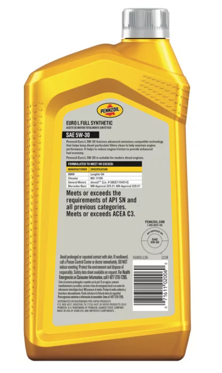 Pennzoil Platinum Euro L Full Synthetic 5W-30 Motor Oil, 1 Quart