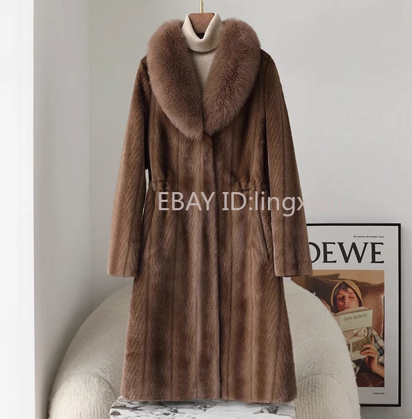 Mujeres Invierno Cálido Piel de Visón Terciopelo Abrigo Cuello Piel Medio Largo Chaquetas Prendas de abrigo Foto 4 de 4