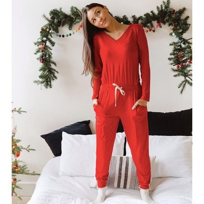 Albion Merry V-Neck Long Sleeve Lounge Bamboo Jumpsuit Cranberry Red Size XS