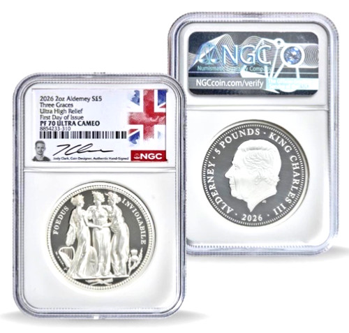 2026 Alderney UK £5 THREE GRACES 2 Oz SILVER UHR NGC PF70 FDOI - Clark 🇬🇧