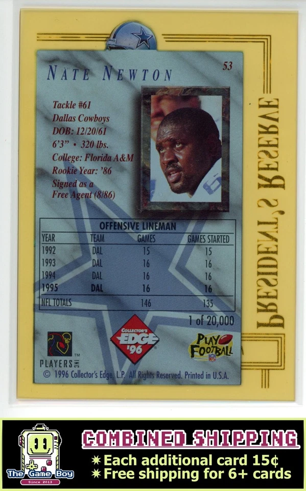 1996 Collector's Edge President's Reserve #53 Nate Newton Dallas Cowboys /20000 - Image 2 of 2