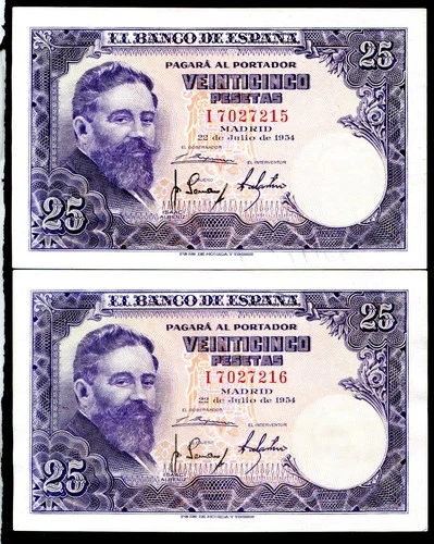 1954 SPAIN, 2 25 PESETA BANKNOTES, CORRELATIVE, SERIES I, MBC, XF.