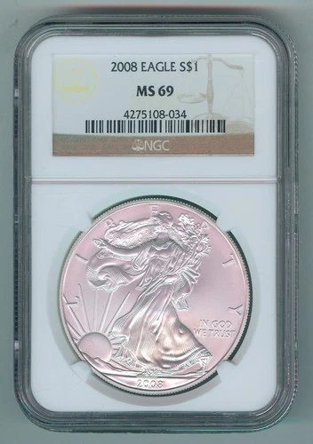 2008 U.S. SILVER AMERICAN EAGLE - KM#273 - NGC SLABBED - MS69