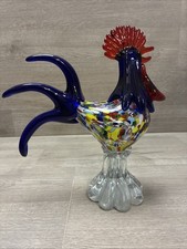 Murano Art Glass Rooster Figurine, Confetti Glass, Large Tail Feathers, Vintage