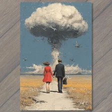 Art Print Couple Holding Hands Red Dress Black Suit Explosion Cloud Apocalyptic