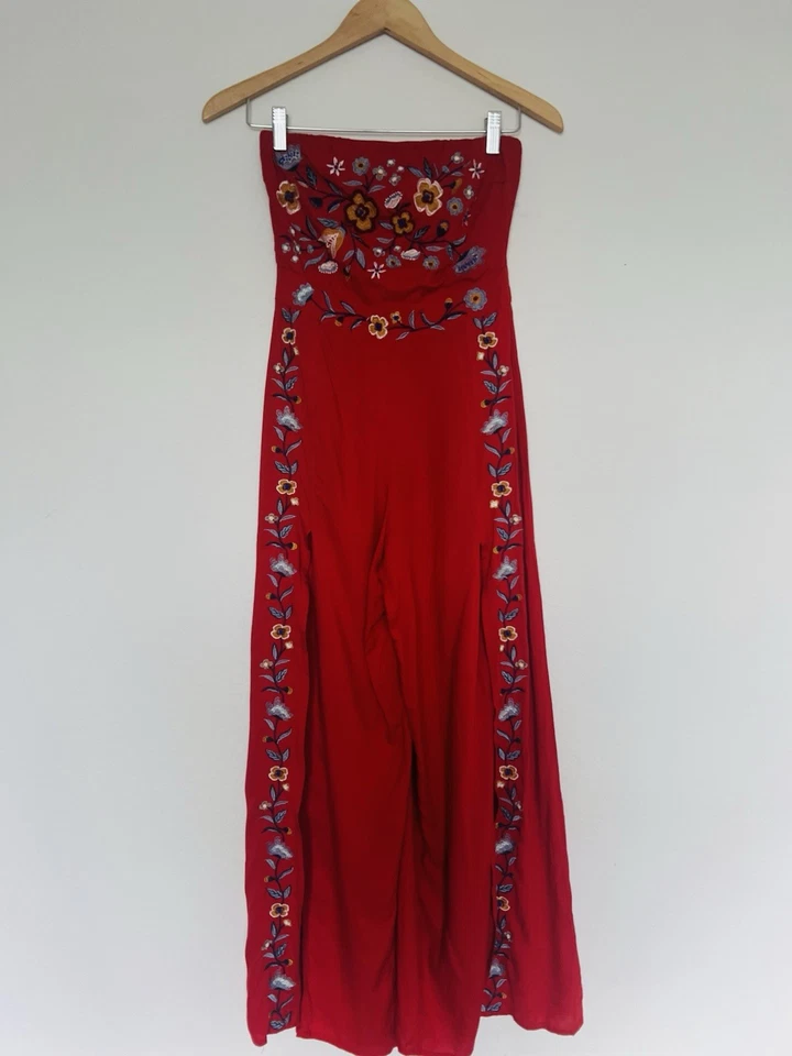 Mono Boston Propio Rojo Floral Bordado Talla 0 Pierna Ancha Abertura Western Boho Foto 2 de 4
