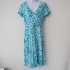 Lands End Dress Size XS Blue Paisley Faux Wrap Stretchy V Neck Beachy Coastal