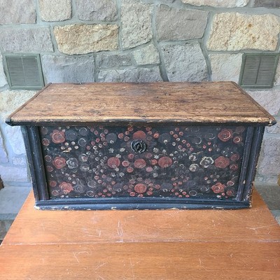 antq. Paint Decorated Pine Dowry Chest. Cast Iron Handles