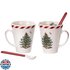 Spode Christmas Tree Peppermint 14oz Mug and Spoon Set (4-Piece) - Festive Ea