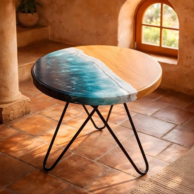 12'' Handcrafted Ocean Resin Coffee Table Round Wood Epoxy Beach Art End Table