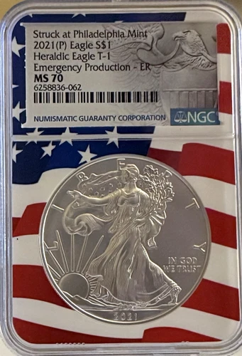 2021(P) Silver Heraldic Eagle T-1 $1 - NGC MS 70, Emergency Production - ER