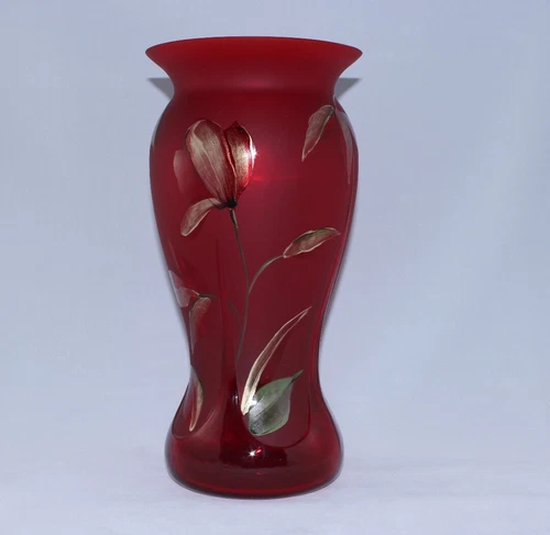 Fenton Ruby Red Art Glass Vase – Hand Painted Floral – Signed & Numbered – USA
