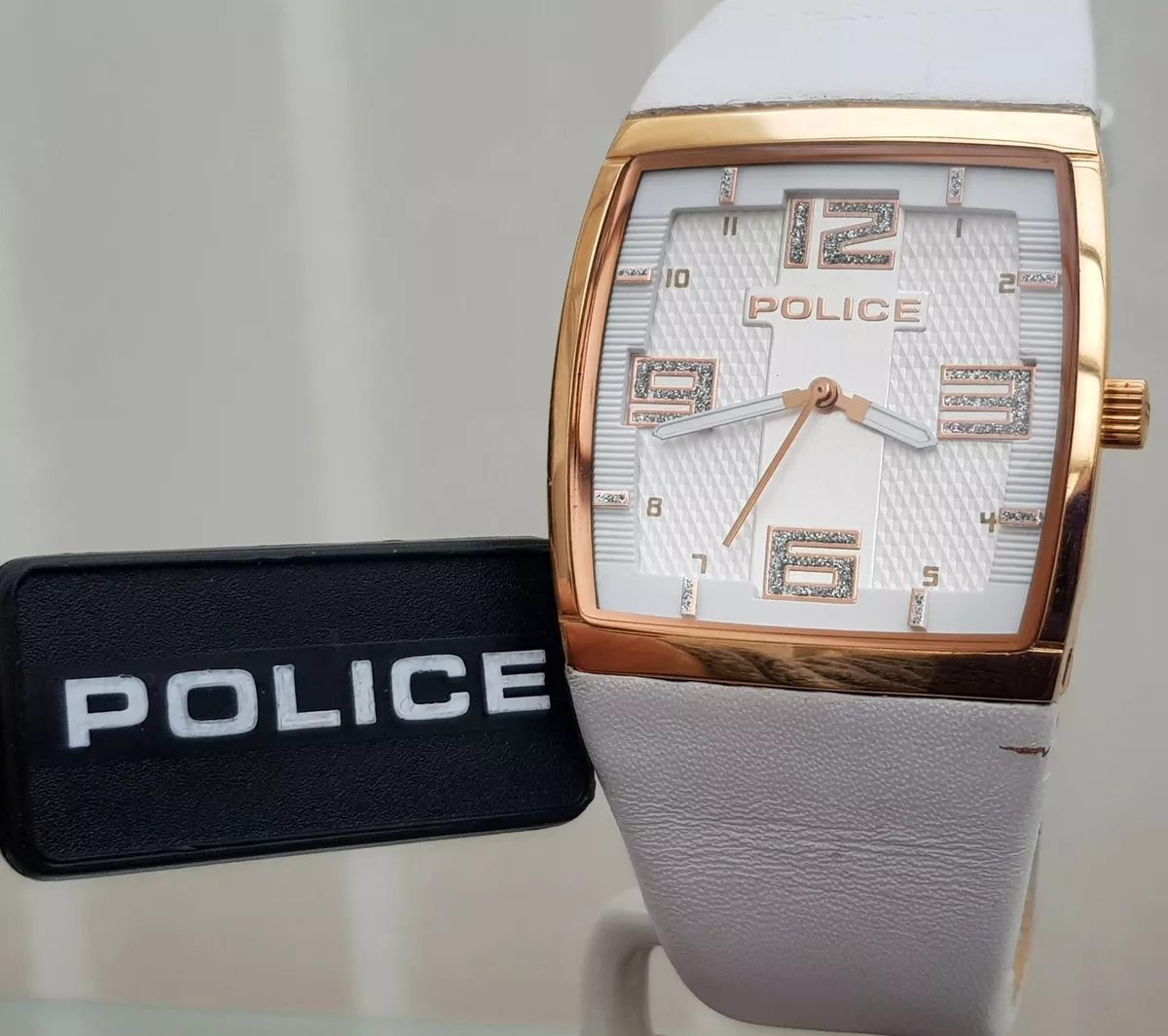 Genuine POLICE Mens watch White Leather Strap rose gold pl. Square RRP 189 PO21