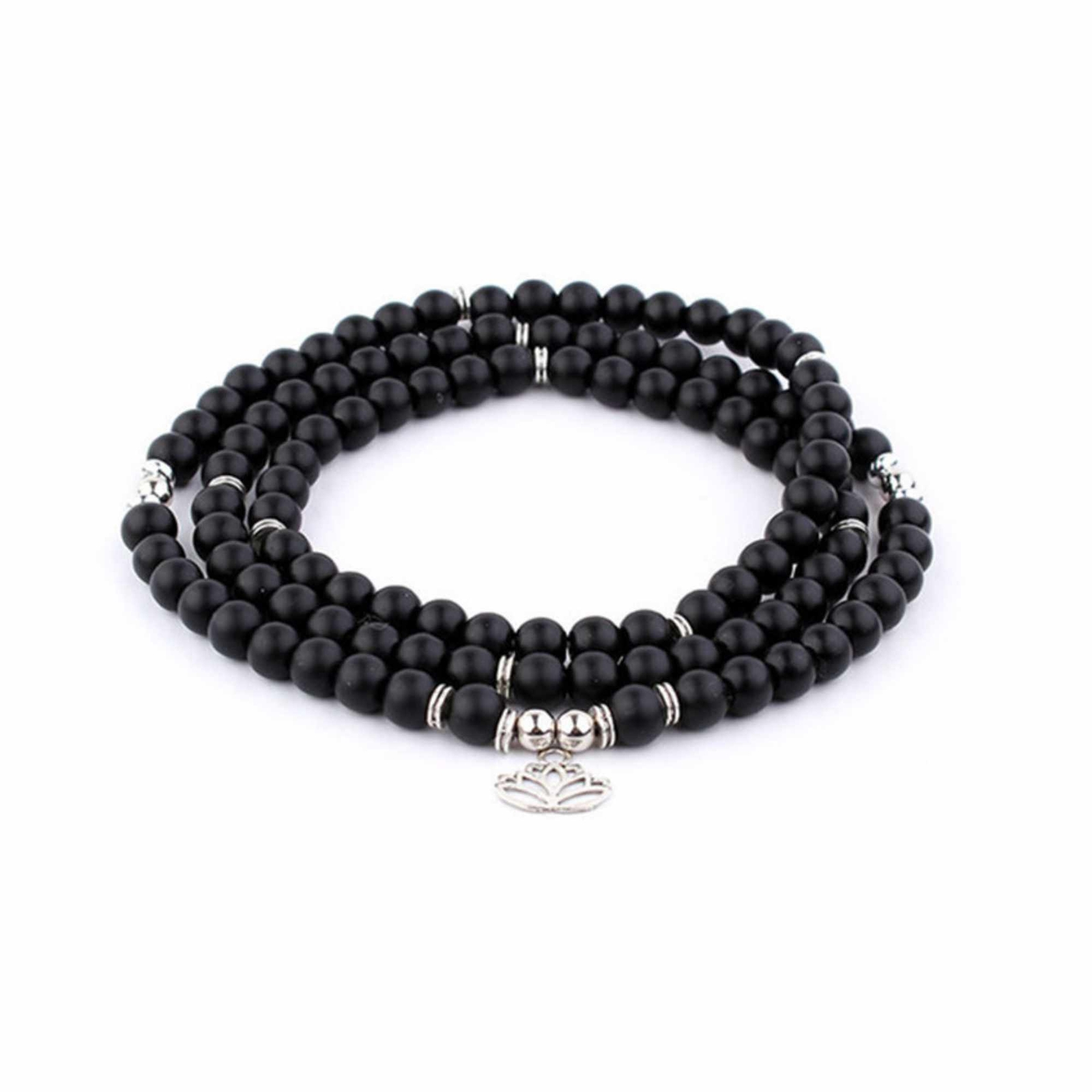 6mm Obsidian Bracelet 108 Beads Lotus Buddha Pendant Yoga Handmade Men's Women