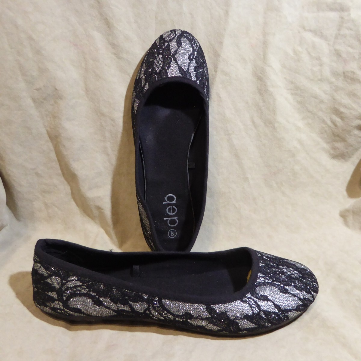 🩰 Deb Classic Ballet Flats sz 9 M Black Lace on Silver Glitter