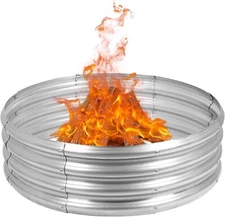 36" Silver Round Galvanized Steel Fire Ring Pit for Backyard, Camping, Bonfire