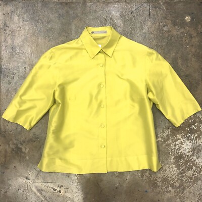 Robert Friedman Silk Top Blouse Button Down Green Iridescent Short Sleeve L