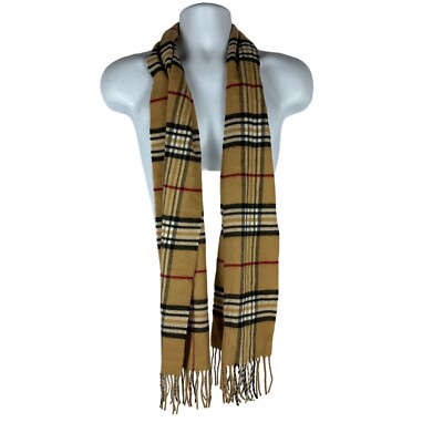 Preston York Mens Vintage Plaid Scarf Tan Black Red Fringe 100% Acrylic 