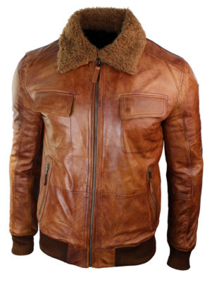 Mens Motorcycle Brown Bomber Winter Leather Jacket main image 1