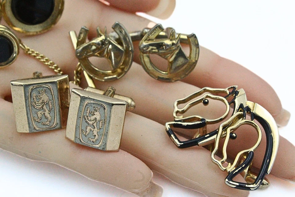 Swank Hickok Дизайнерская Золотая Пластина Эмаль Черное Стекло Колесо Геометрические Запонки Lo - Изображение 2 из 4