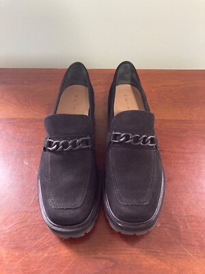 WIRTH Talin Lug Sole Square-Toe Loafer, Black Nubuck with Chain, Size 40