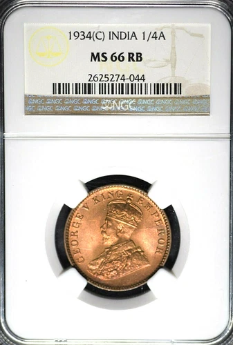 India British 1934(C) 1/4 Anna NGC MS66 RB (TOP-POP)