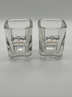 Two Jack Daniels Whiskey Shot Glasses Square Shaped Black And Gold Trim