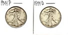 LOT/2 1944 D & P Silver Standing Liberty 50 Cent HALF-DOLLARS FULL RIMS UNGRADED