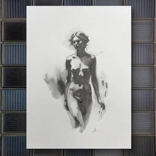 Original Classical Watercolor 8x10 Black And White Painting Nude Female Figure