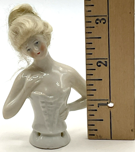 Vintage Victorian Porcelain Half Doll Corset Hair Ribbon Boudoir Pin Cushion Top - Afbeelding 6 van 6