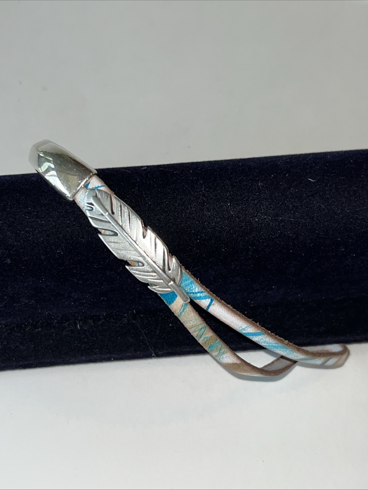 Silvertone Feather Leather Wrap Cuff Bracelet Boh… - image 2