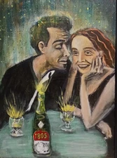 ORIGINAL OIL PAINTING "PORTRAIT OF A COUPLE" ABSINTHE ART ON BOARD