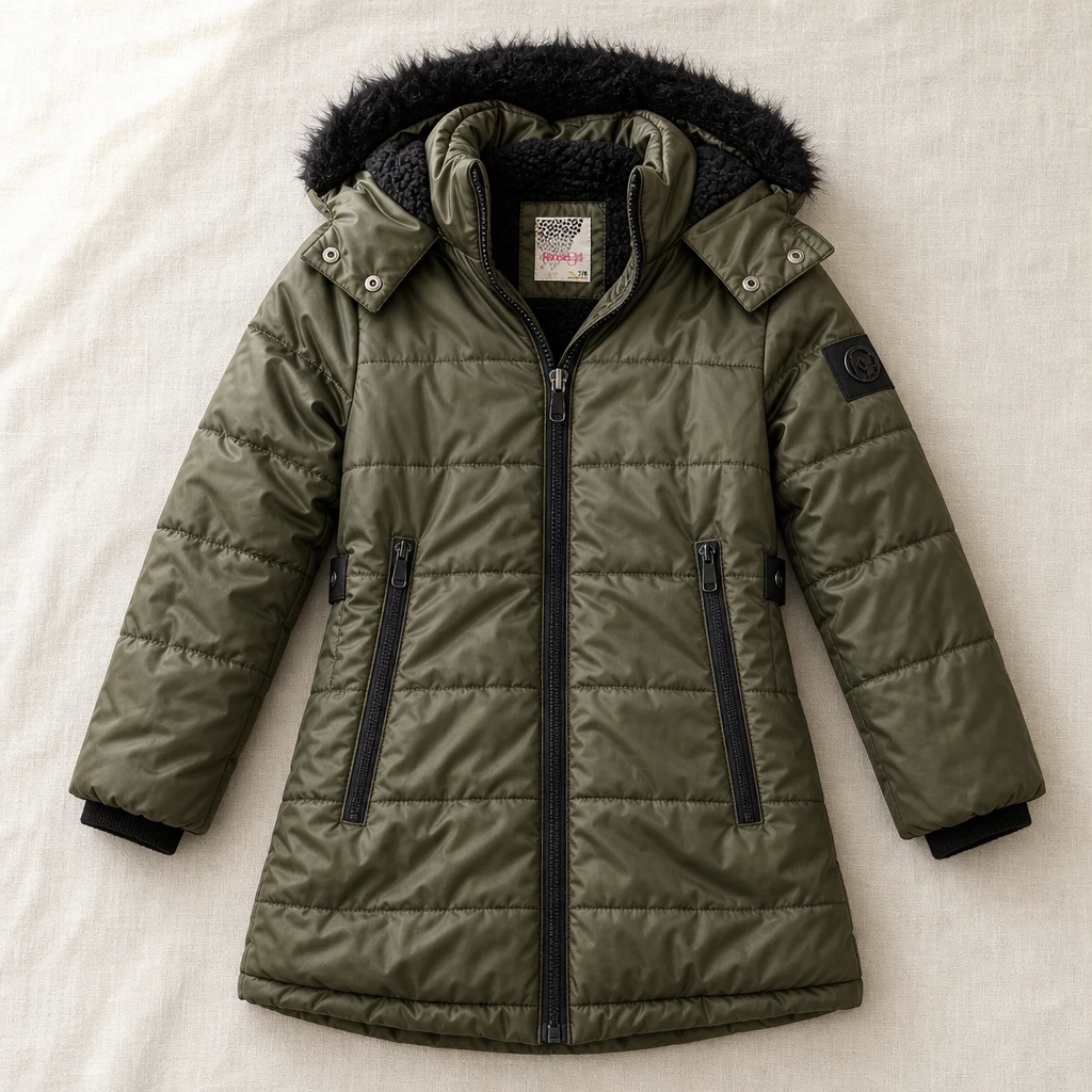 Kensie Girl Girls 7/8 Olive Hooded Puffer Coat Faux Fur Trim 2020s