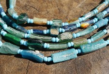 Blue & Green Afghan Ancient Roman Glass Tube Beads (2880A654) Rustic
