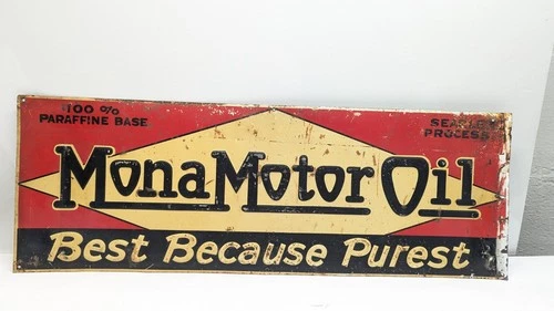 1920s OLD VINTAGE MONA MOTOR OIL Tin Embossed GAS SIGN BEST BECAUSE PUREST RARE