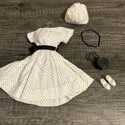 Vintage Barbie Size 1960s Outfit Set Black Dot On White Day Dress & Accessories