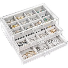 Graue Schmuckschatulle aus Acryl - Schmuckbox für Ohrringe, Ringe, Armbänder