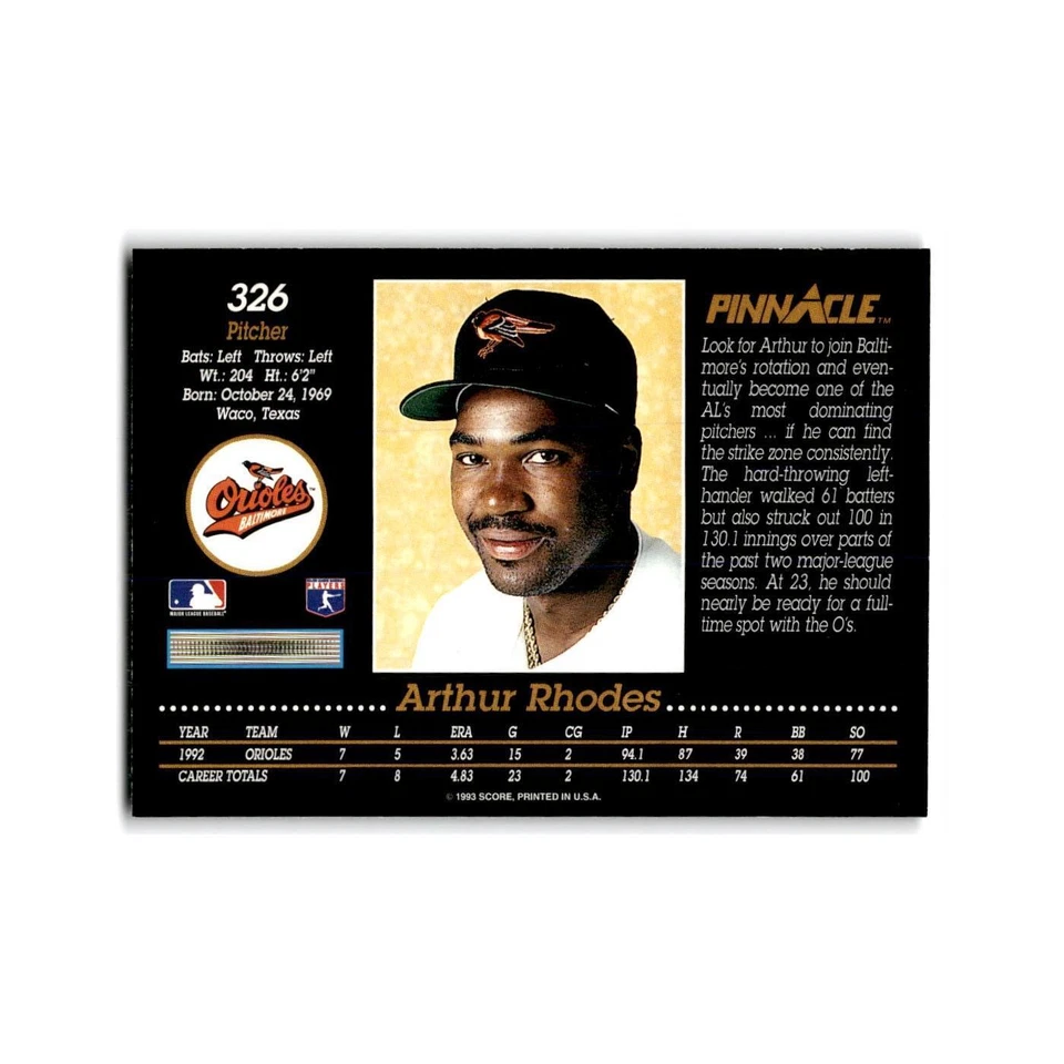 Tarjeta de béisbol Arthur Rhodes 1993 Pinnacle #326 Baltimore Orioles casi nueva Foto 2 de 3
