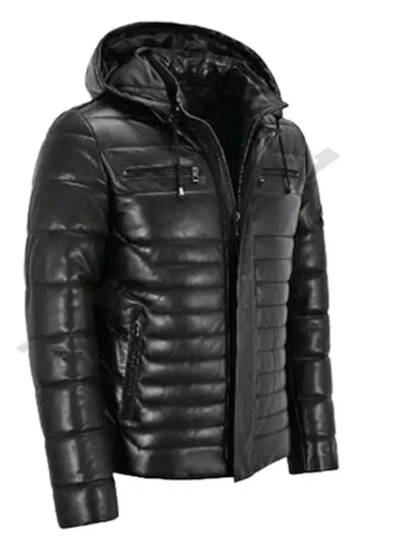 Mens sheepskin Original Leather HOODED Black Puffer Bomber Handmade Jacket