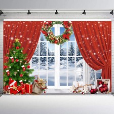10x8ft Snowy Forest Green Tree Red Christmas Vinyl Backdrop Photo Background
