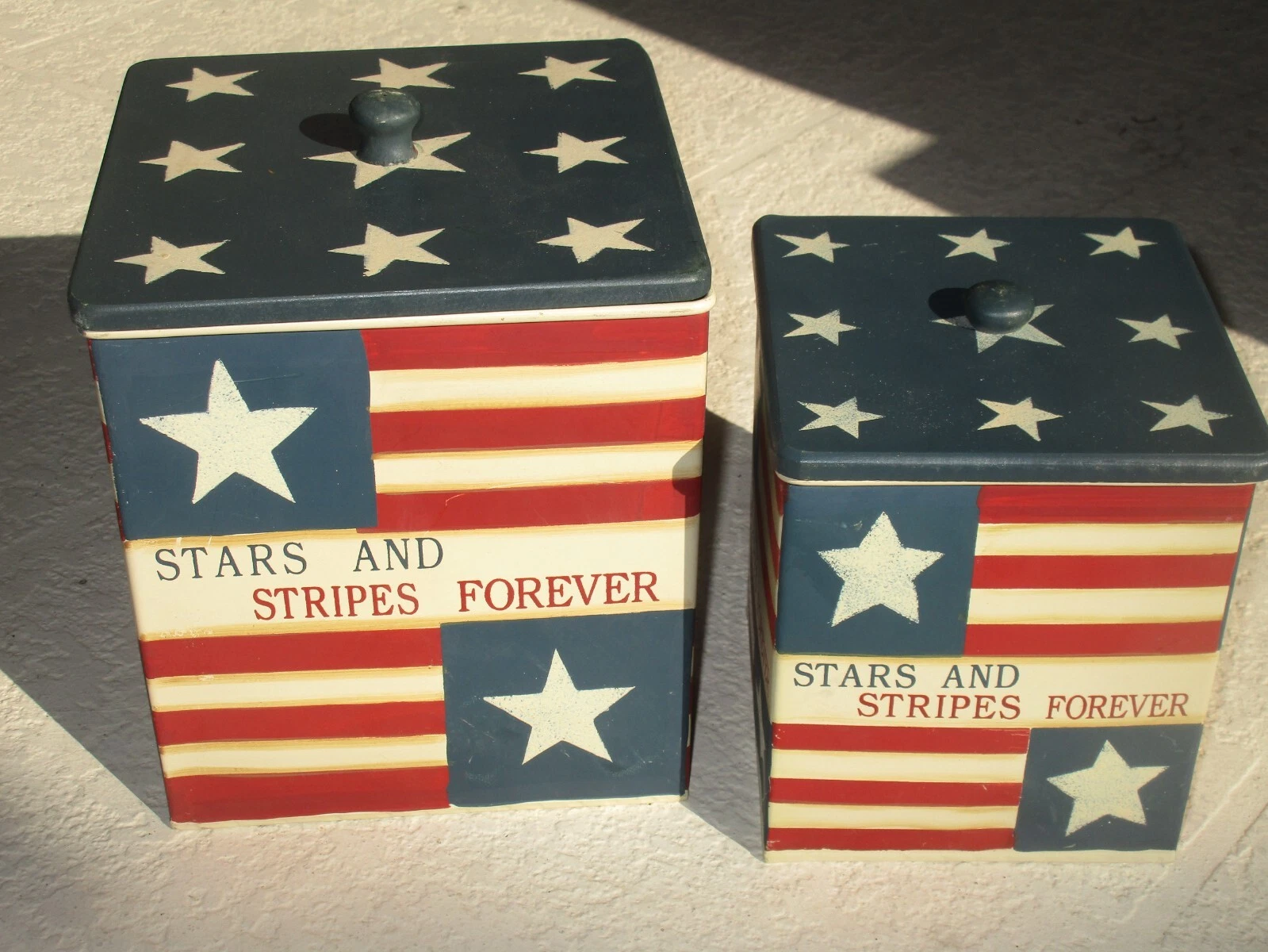 Set Patriotic Farmhouse Metal Canisters Stars and Stripes Forever America 250