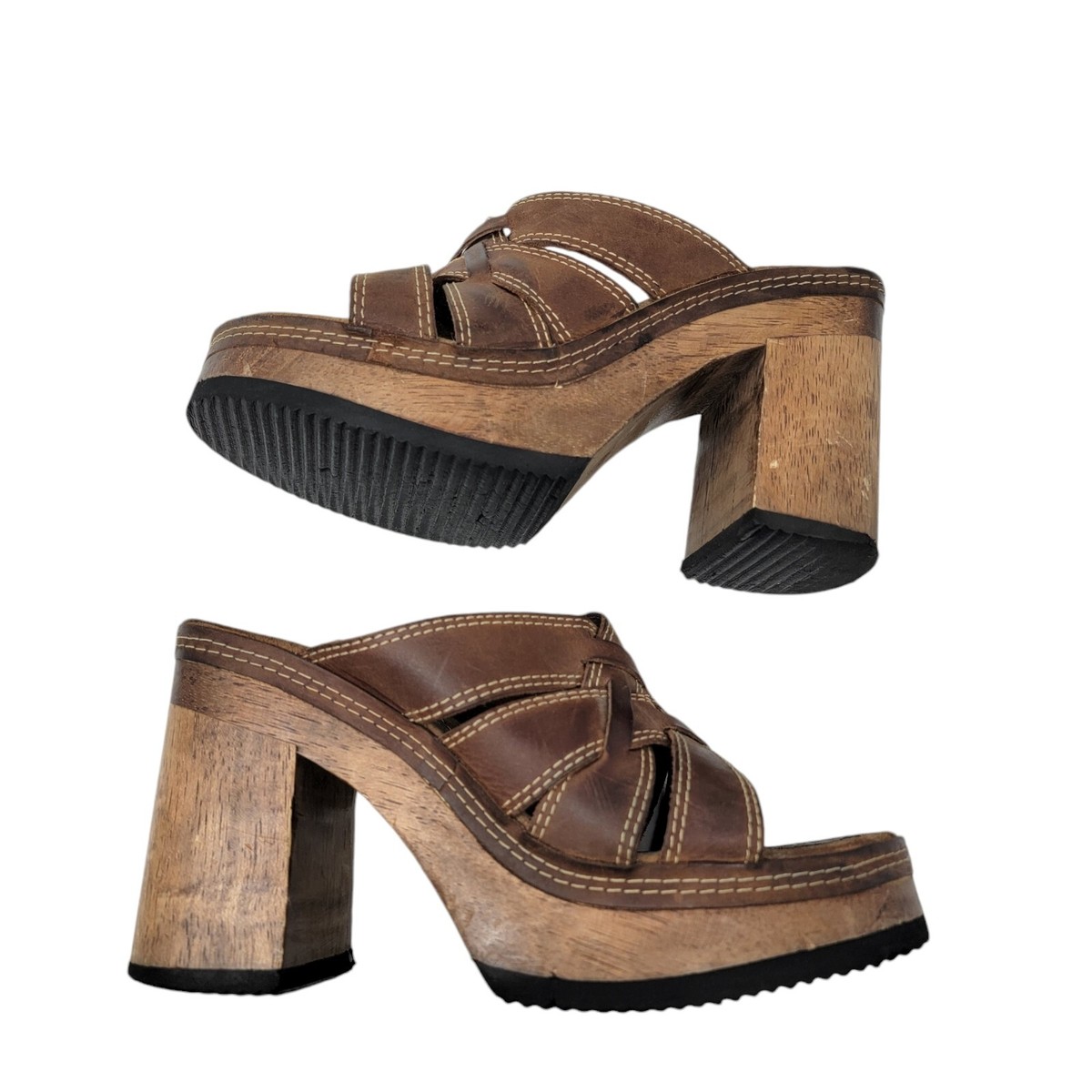 Vtg Bongo 9.5 Chunky Platform Wood Leather Heeled Sandals Vtg Bongo 9.5 Chunky Platform Wood Leather Heeled Sandals