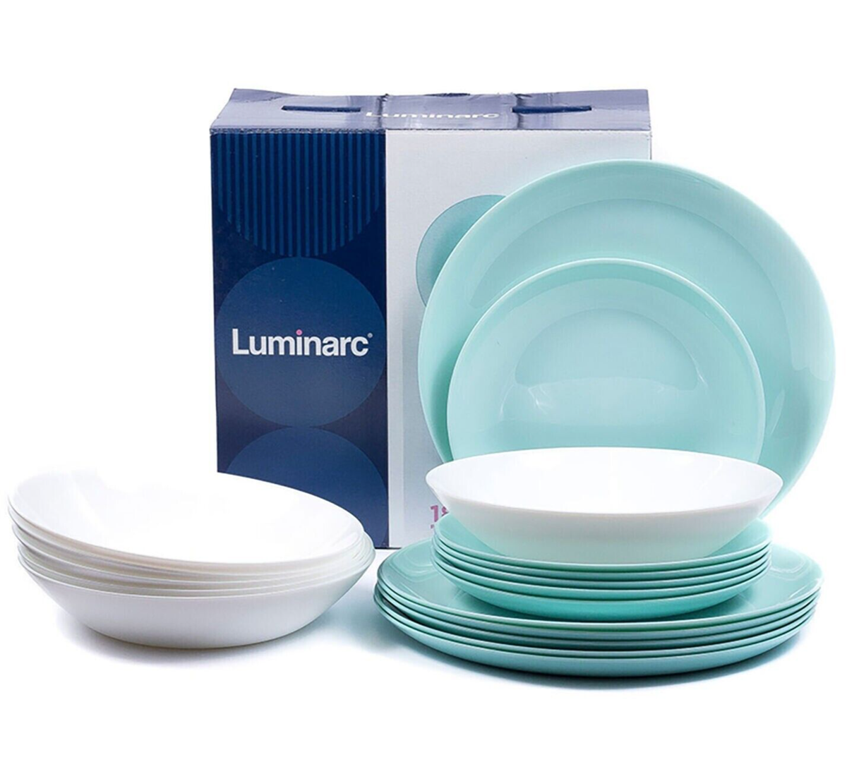 18-pc Luminarc Diwali Dinner Set Tempered Glass Plate Set White and  Turquoise