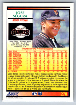 ジャイアンツSuicaカード 278 Jose Segura Rookie San Francisco Giants 1992 Score | eBay