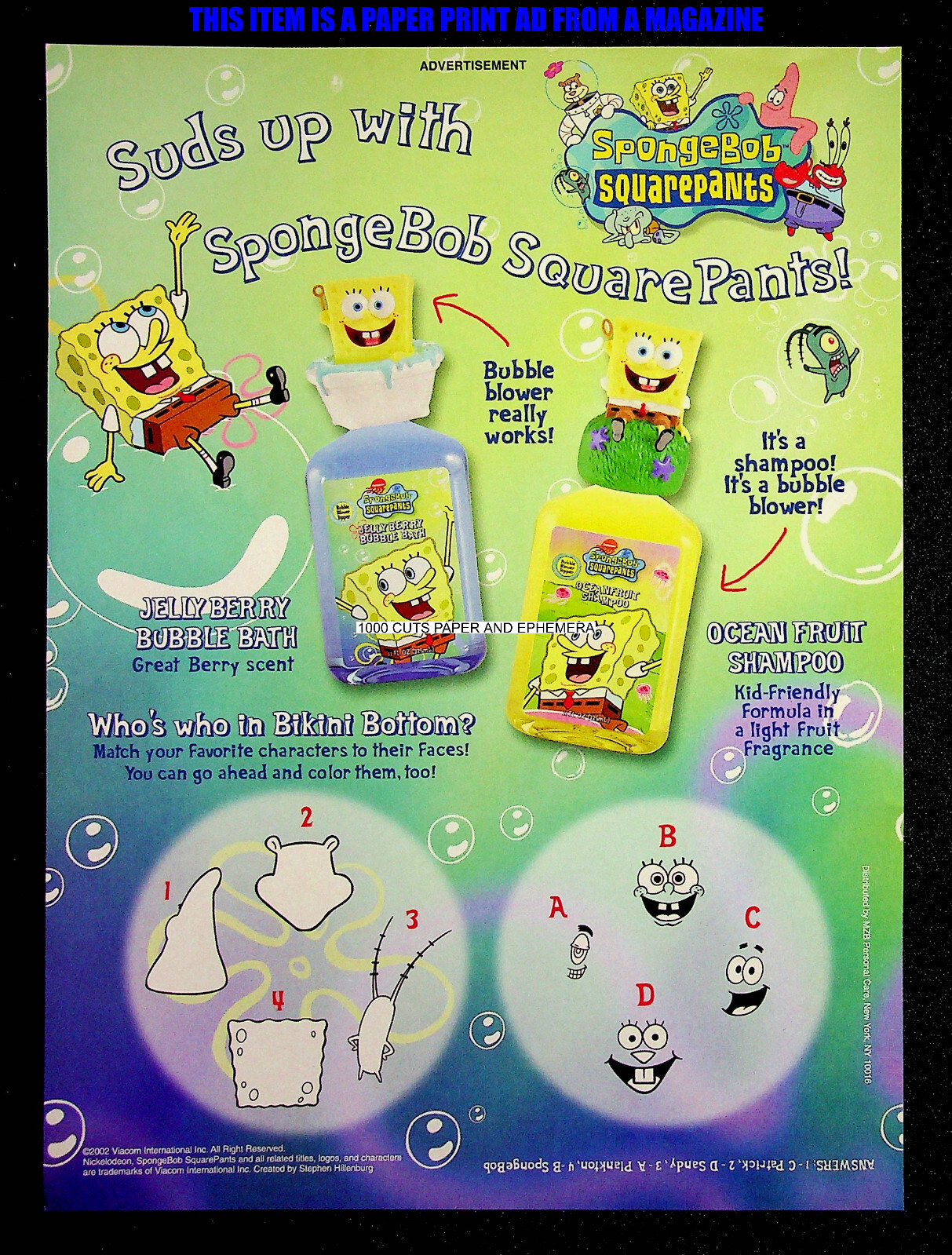 Spongebob Squarepants Bubble Bath MZB 2002 Trade Print Magazine Ad Poster ADVERT