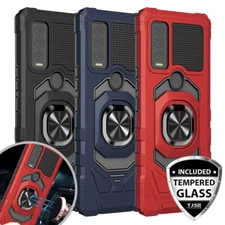 For ATT Motivate Max U668AA Phone Case Metal Ring Magnetic Stand +Tempered Glass