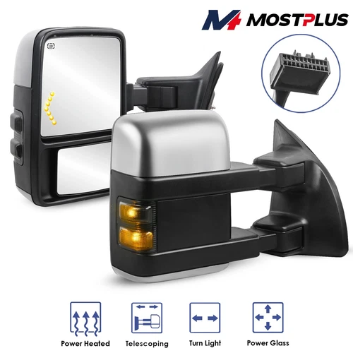 Chrome Power Heated Tow Mirrors Smoke Signal For 08-16 Ford F250/F350/F450/F550