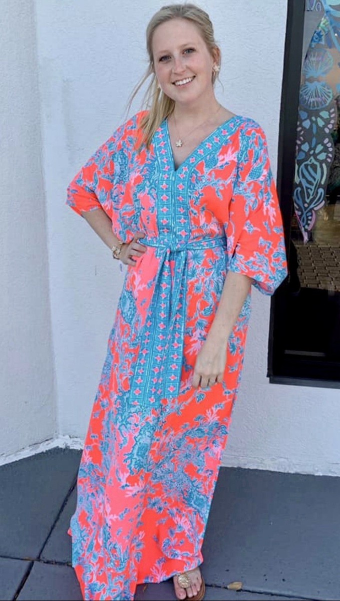 Lilly Pulitzer NWT Carmynn Maxi Caftan Coral Spritz Shelly Bay