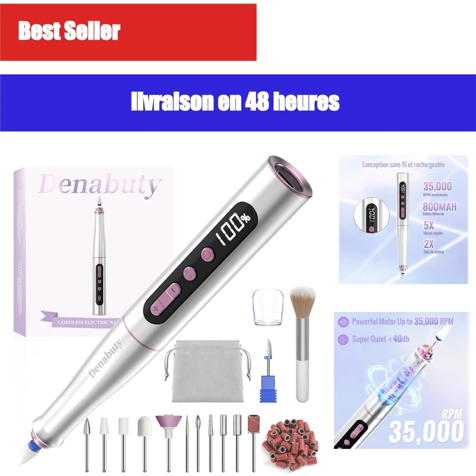 Ponceuse Ongles Professionnelle Sans Fil 35000 tr/min Rechargeable - Photo 1/4